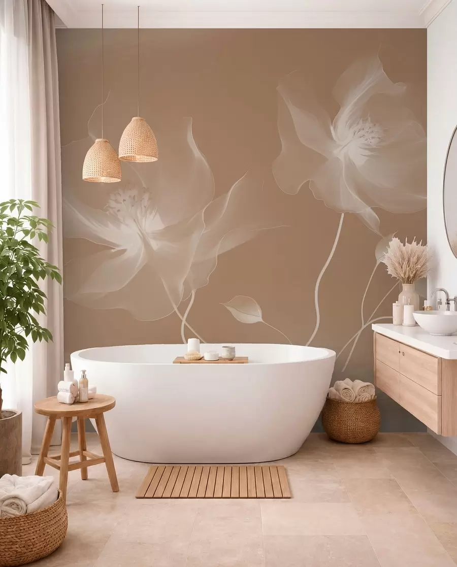 murais de parede Três graciosas flores com pétalas translúcidas, entrelaçadas com fitas de luz e vento em sépia w01932v1