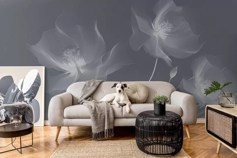 murais de parede Três graciosas flores com pétalas translúcidas, entrelaçadas com fitas de luz e vento em tons de azul w01932v2