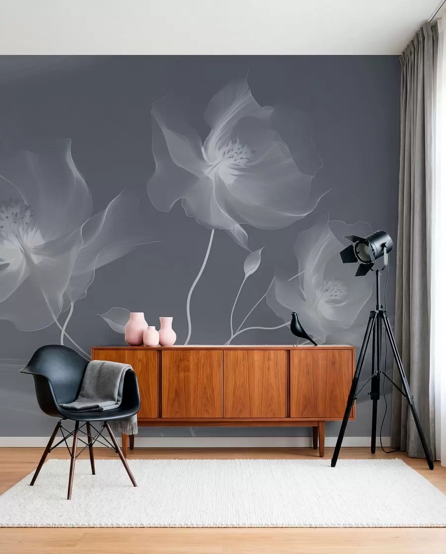 murais de parede Três graciosas flores com pétalas translúcidas, entrelaçadas com fitas de luz e vento em tons de azul w01932v2