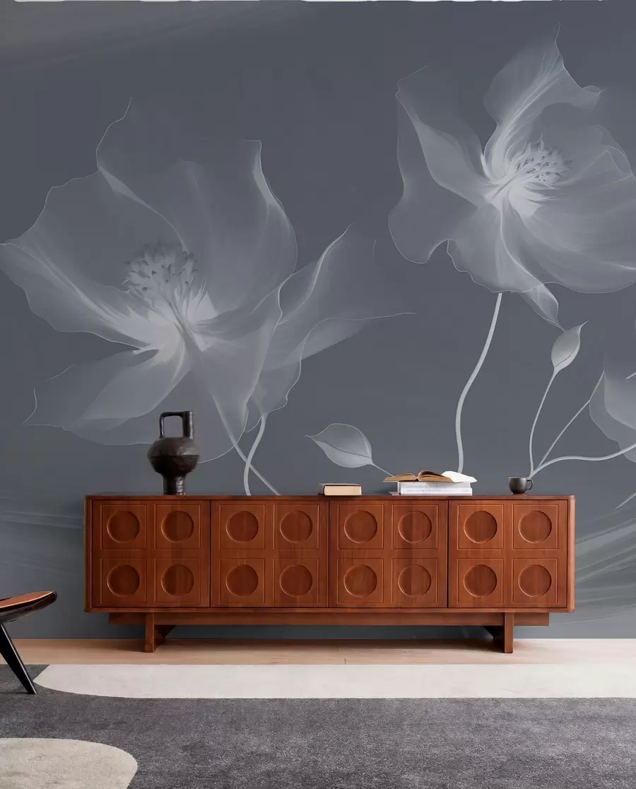 murais de parede Três graciosas flores com pétalas translúcidas, entrelaçadas com fitas de luz e vento em tons de azul w01932v2