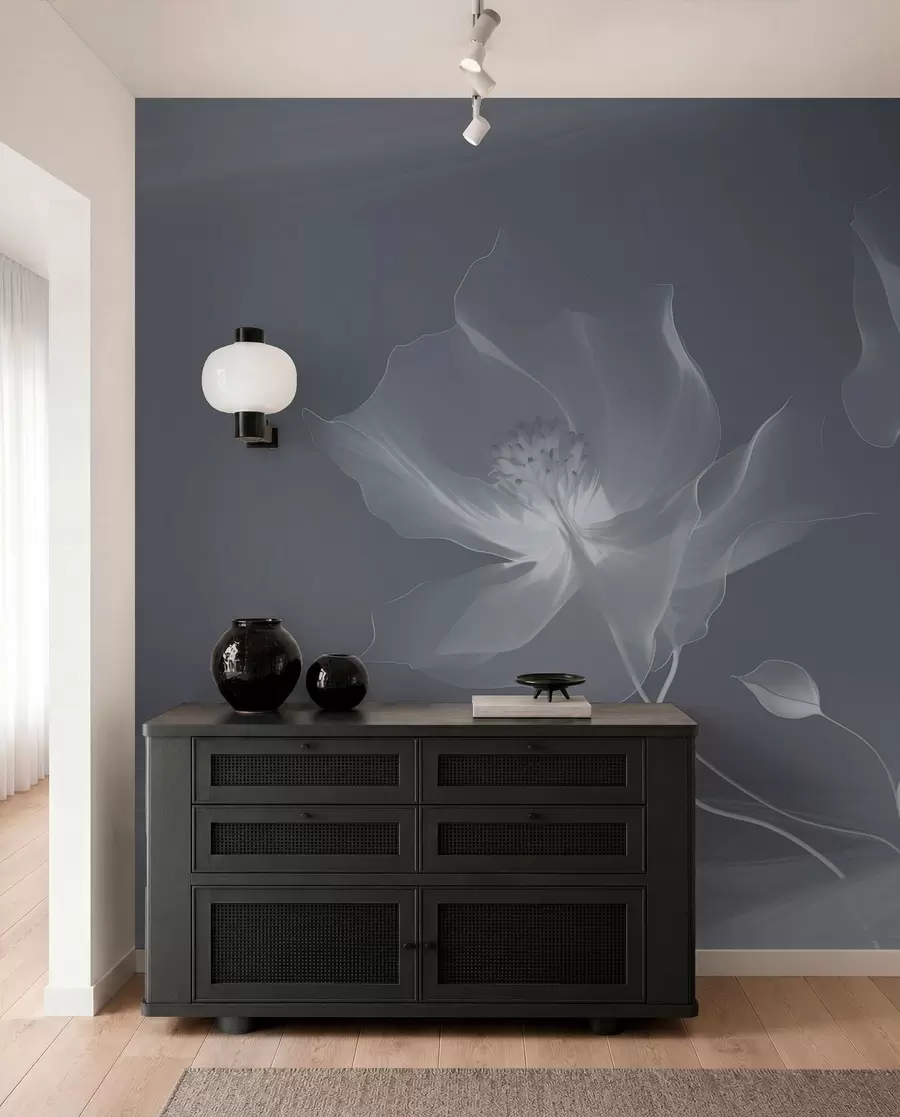 murais de parede Três graciosas flores com pétalas translúcidas, entrelaçadas com fitas de luz e vento em tons de azul w01932v2
