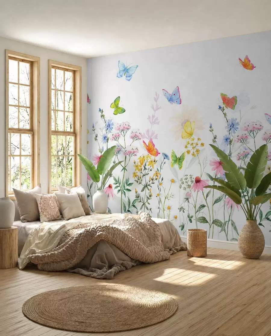 murais de parede Flores, plantas e borboletas coloridas w02238