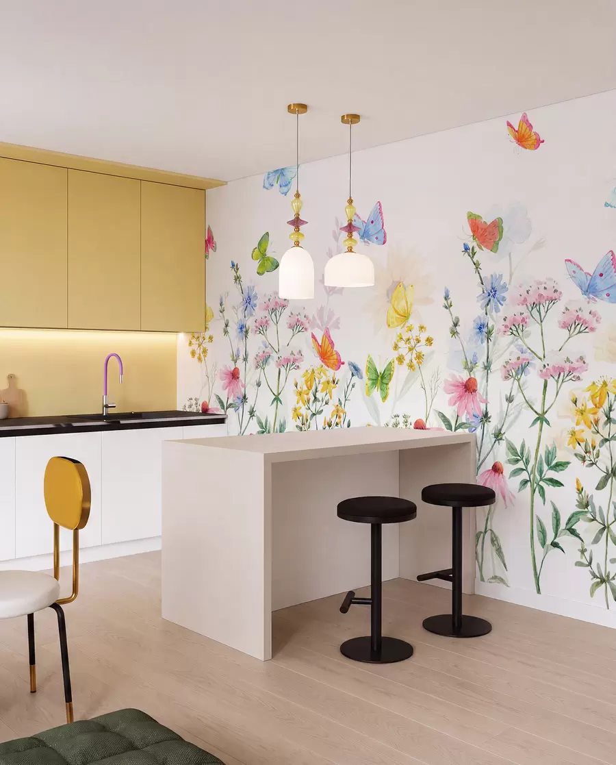 murais de parede Flores, plantas e borboletas coloridas w02238