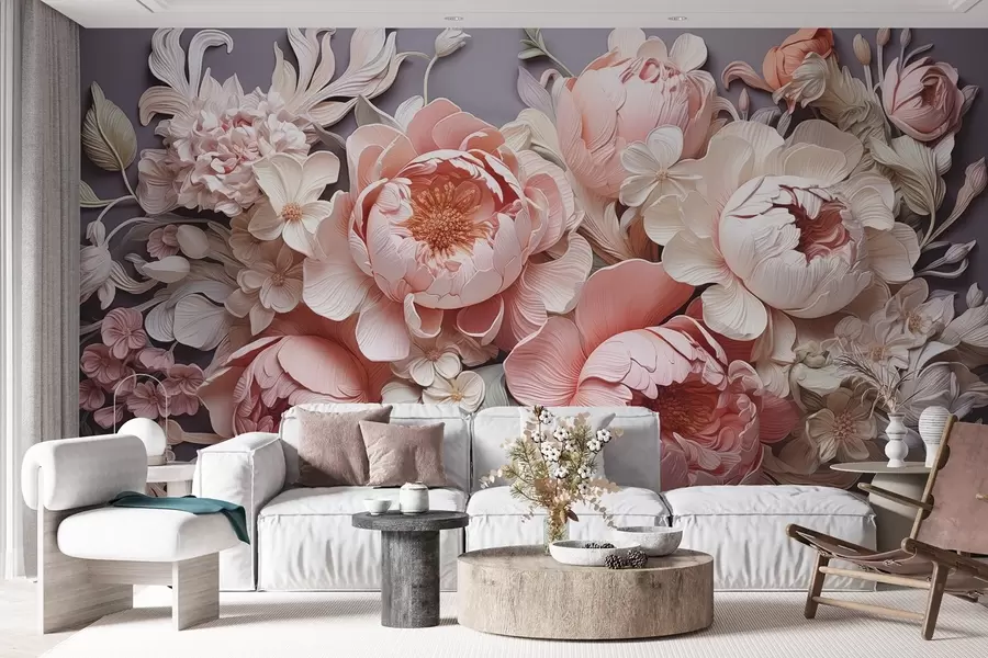 murais de parede Arranjo floral de peônias rosa-bege e rosas em estilo rococó em cores claras w01933v1