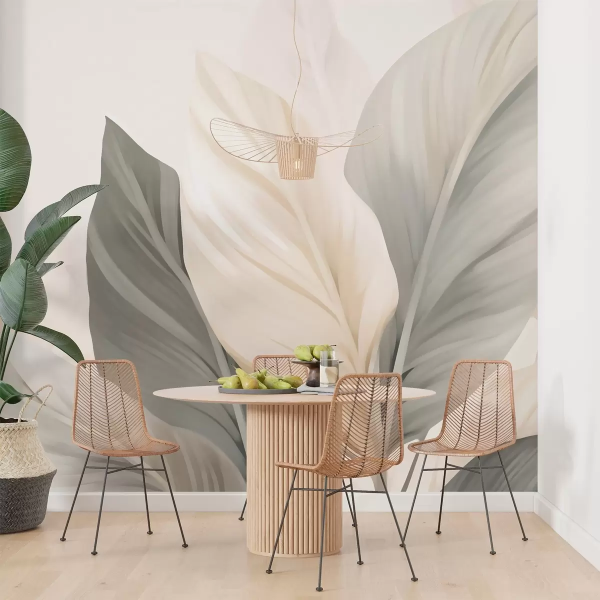 murais de parede Folhas bege e cinza em um fundo claro w02217