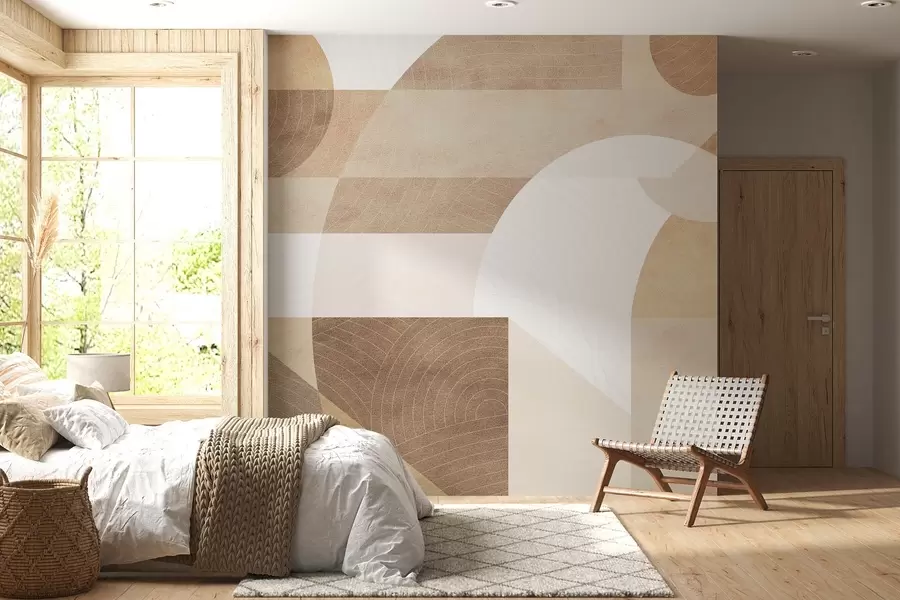 murais de parede Geometria moderna com formas abstratas, detalhes texturizados em tons de bege e marrom w02140