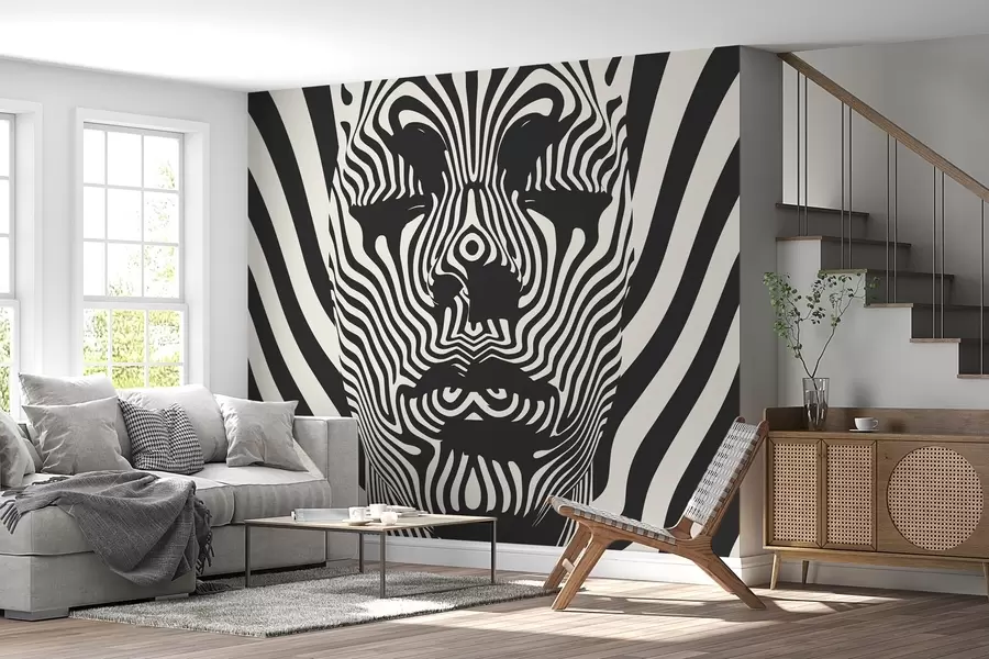 murais de parede Treliça em estilo op art com rosto abstrato, linhas onduladas em um fundo de cor clara w02285