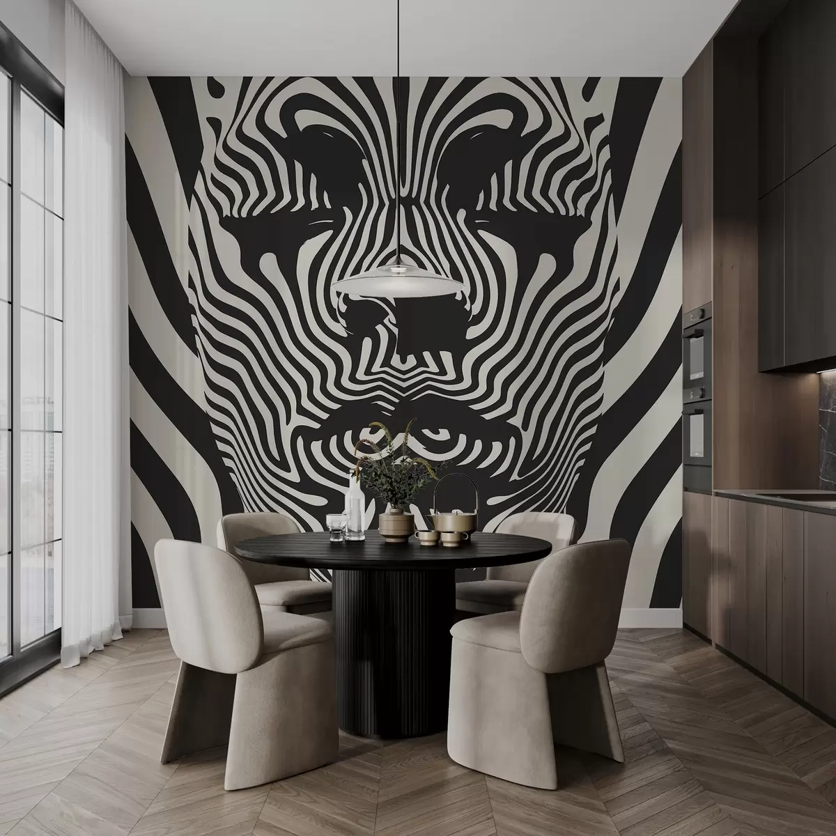 murais de parede Treliça em estilo op art com rosto abstrato, linhas onduladas em um fundo de cor clara. w02285