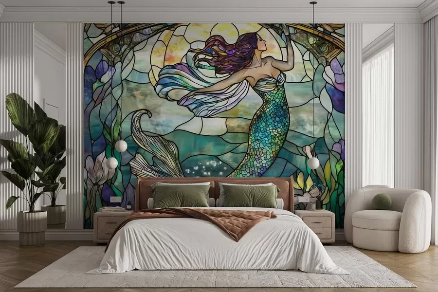 murais de parede Papel de parede em estilo vitral com a imagem de uma sereia mágica w02286