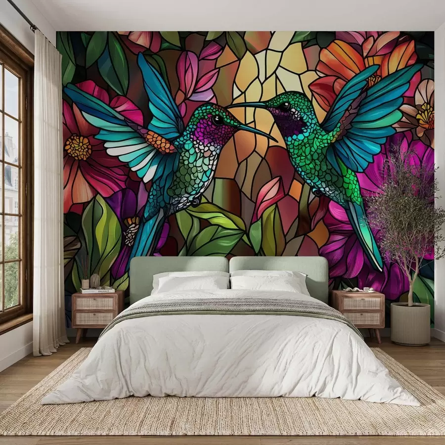 murais de parede Papel de parede em estilo vitral com a imagem de dois pássaros de calibre entre folhas e flores w02287