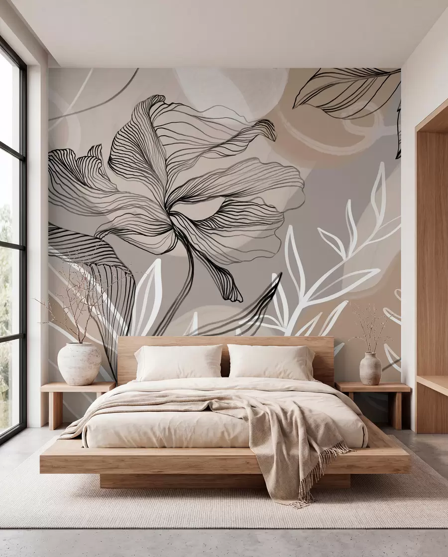 murais de parede Estampa floral elegante com grandes flores e folhas de linhas abstratas em tons de cinza e bege em um fundo claro w08413