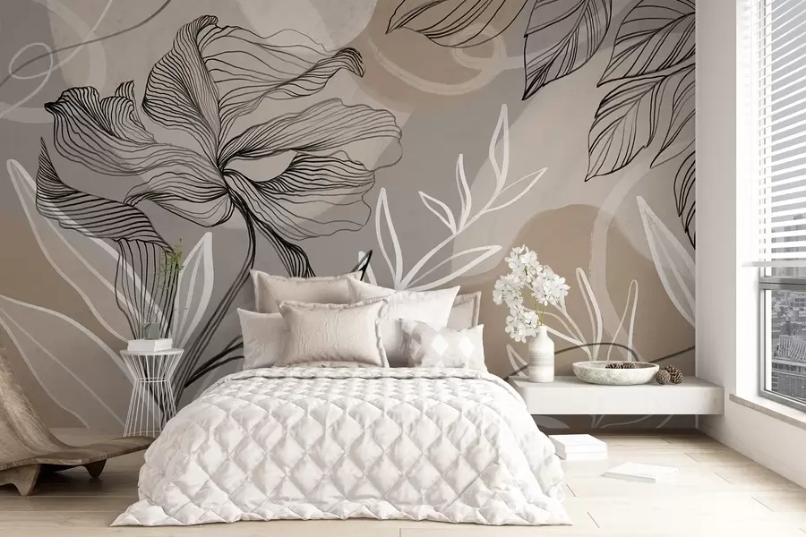 murais de parede Estampa floral elegante com grandes flores e folhas de linhas abstratas em tons de cinza e bege em um fundo claro w08413