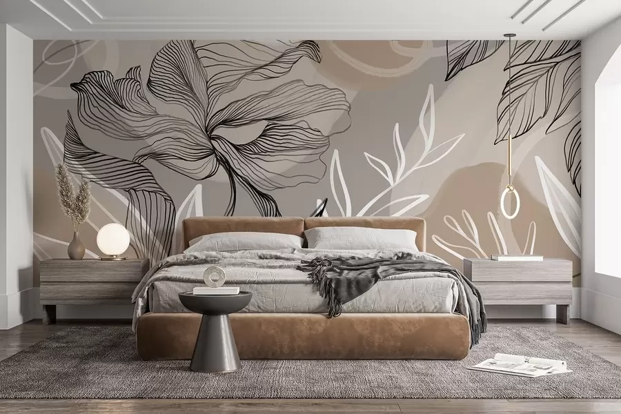 murais de parede Estampa floral elegante com grandes flores e folhas de linhas abstratas em tons de cinza e bege em um fundo claro w08413