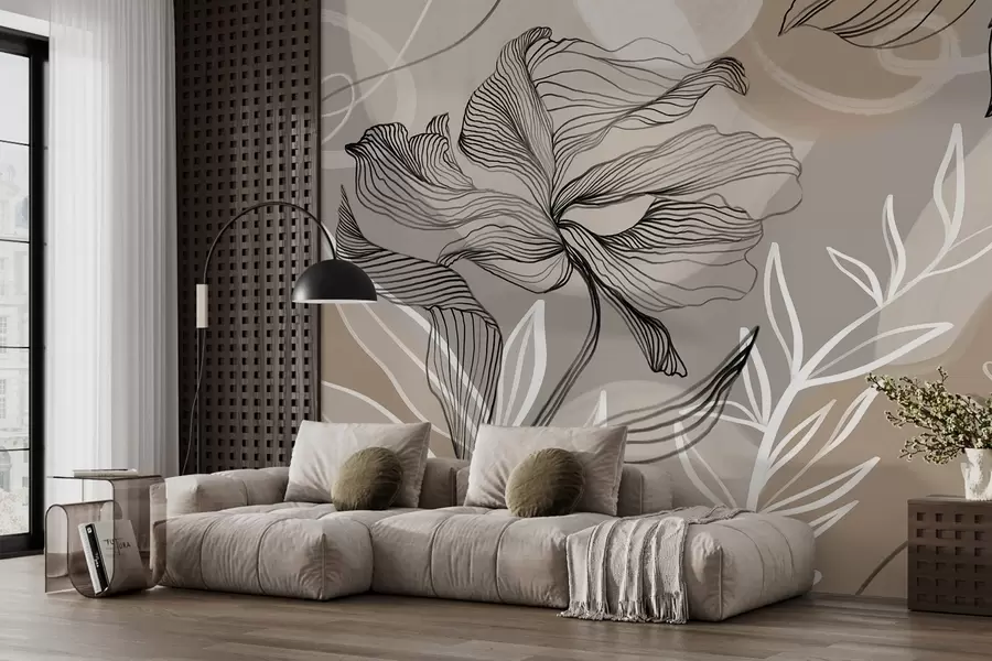 murais de parede Estampa floral elegante com grandes flores e folhas de linhas abstratas em tons de cinza e bege em um fundo claro w08413