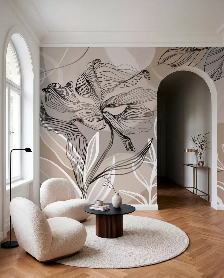 murais de parede Estampa floral elegante com grandes flores e folhas de linhas abstratas em tons de cinza e bege em um fundo claro w08413