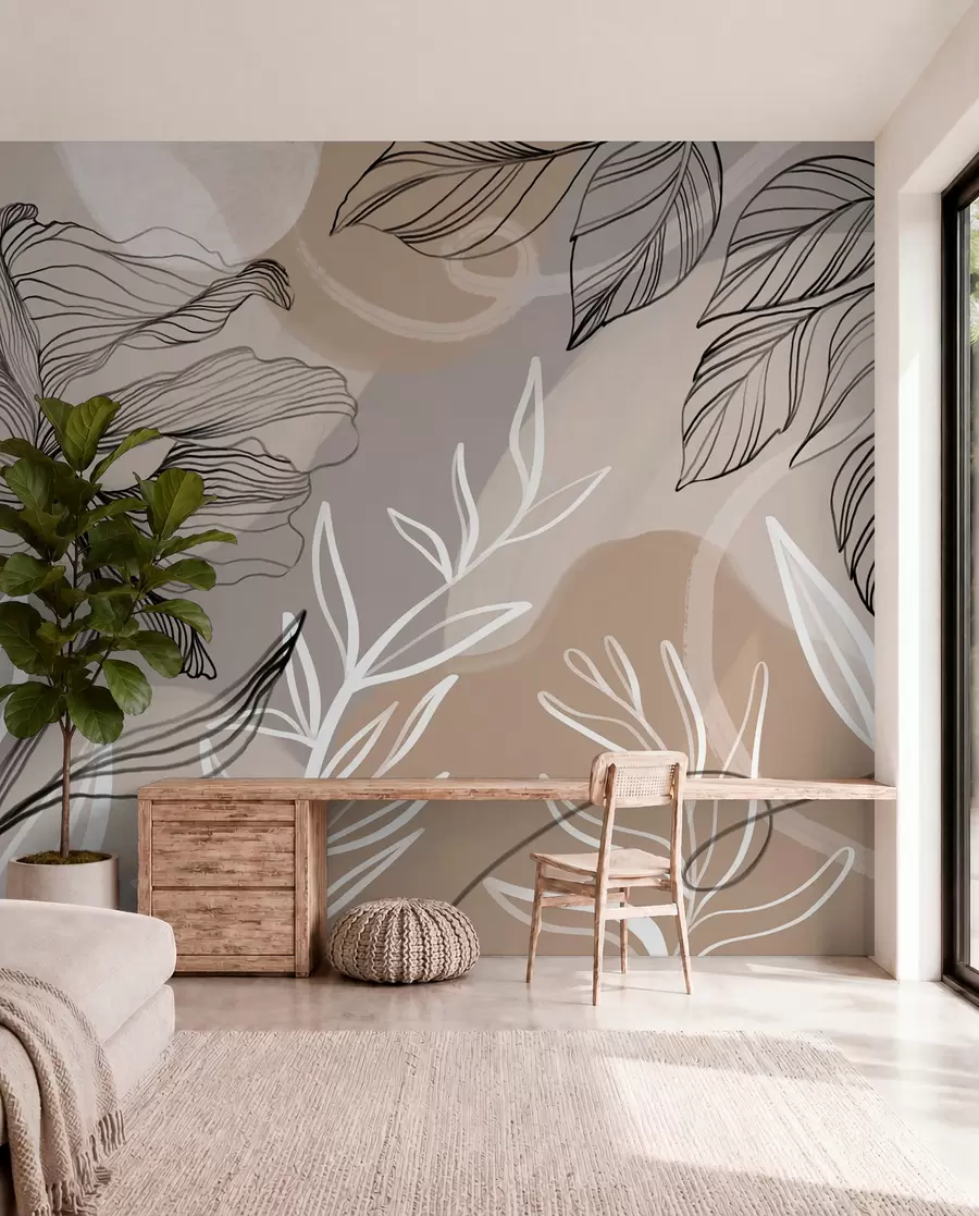 murais de parede Estampa floral elegante com grandes flores e folhas de linhas abstratas em tons de cinza e bege em um fundo claro w08413