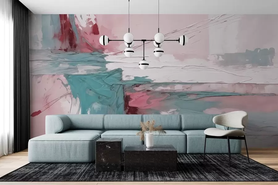 murais de parede Composição de arte abstrata minimalista com pinceladas ousadas de tinta rosa, azul e branca  w08414v1