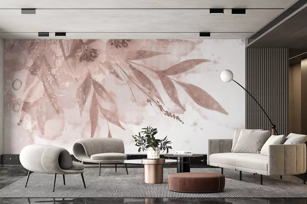 murais de parede Delicado respingo de rosa com elementos florais abstratos e fundo suave e desfocado w08417