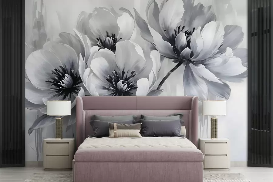 murais de parede Flores de tulipa monocromáticas com pétalas suaves e desfocadas em um fundo claro w08418