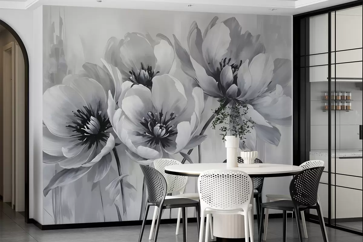 murais de parede Flores de tulipa monocromáticas com pétalas suaves e desfocadas em um fundo claro w08418