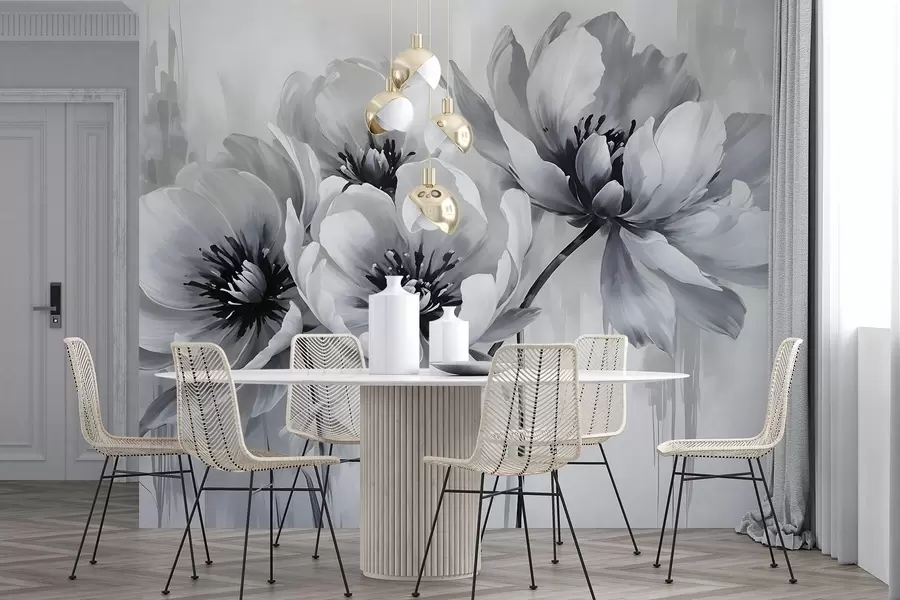 murais de parede Flores de tulipa monocromáticas com pétalas suaves e desfocadas em um fundo claro w08418