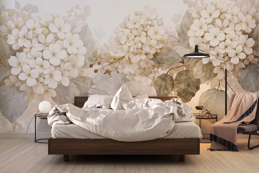 murais de parede Delicadas flores de hortênsia brancas com folhas verdes suaves em um fundo claro w08422