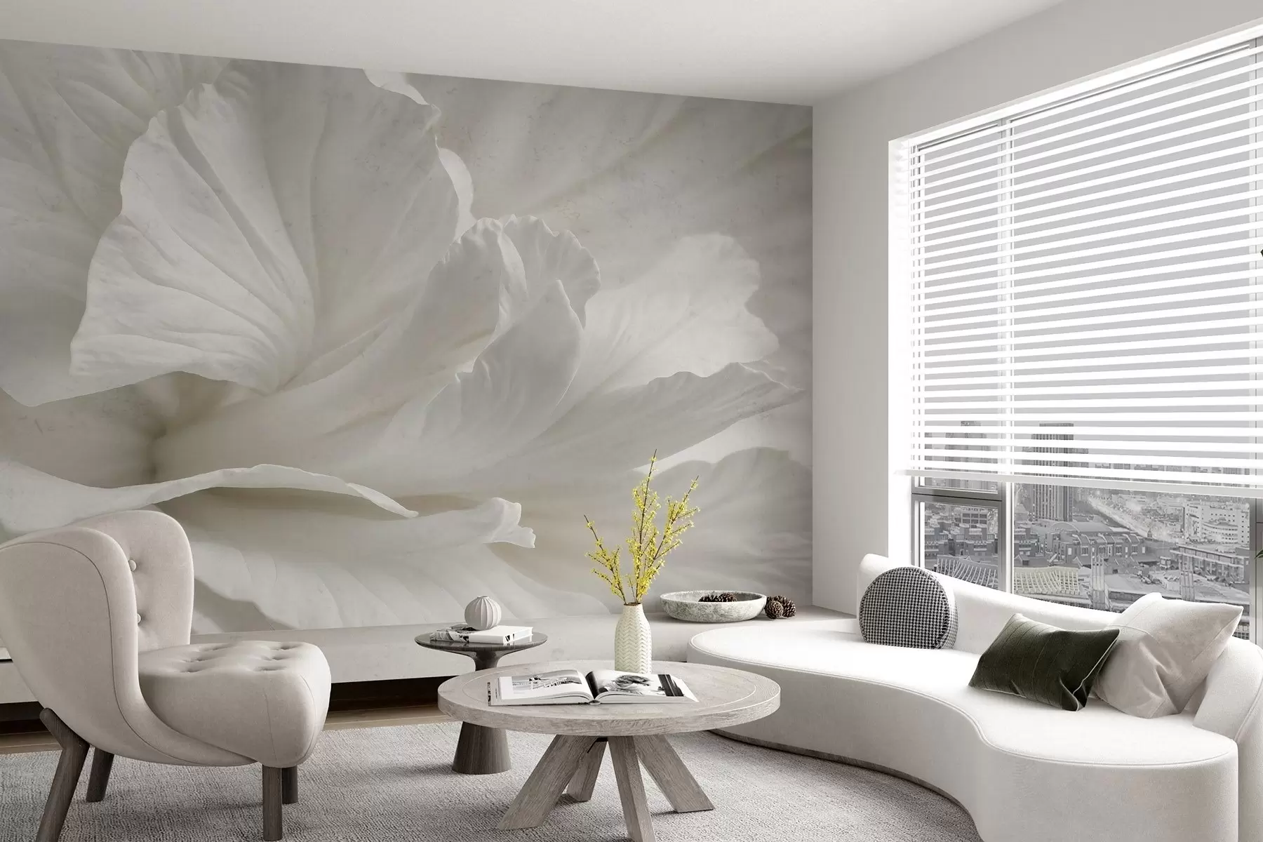 murais de parede Impressão abstrata minimalista de uma delicada flor branca com pétalas macias e aveludadas w08424