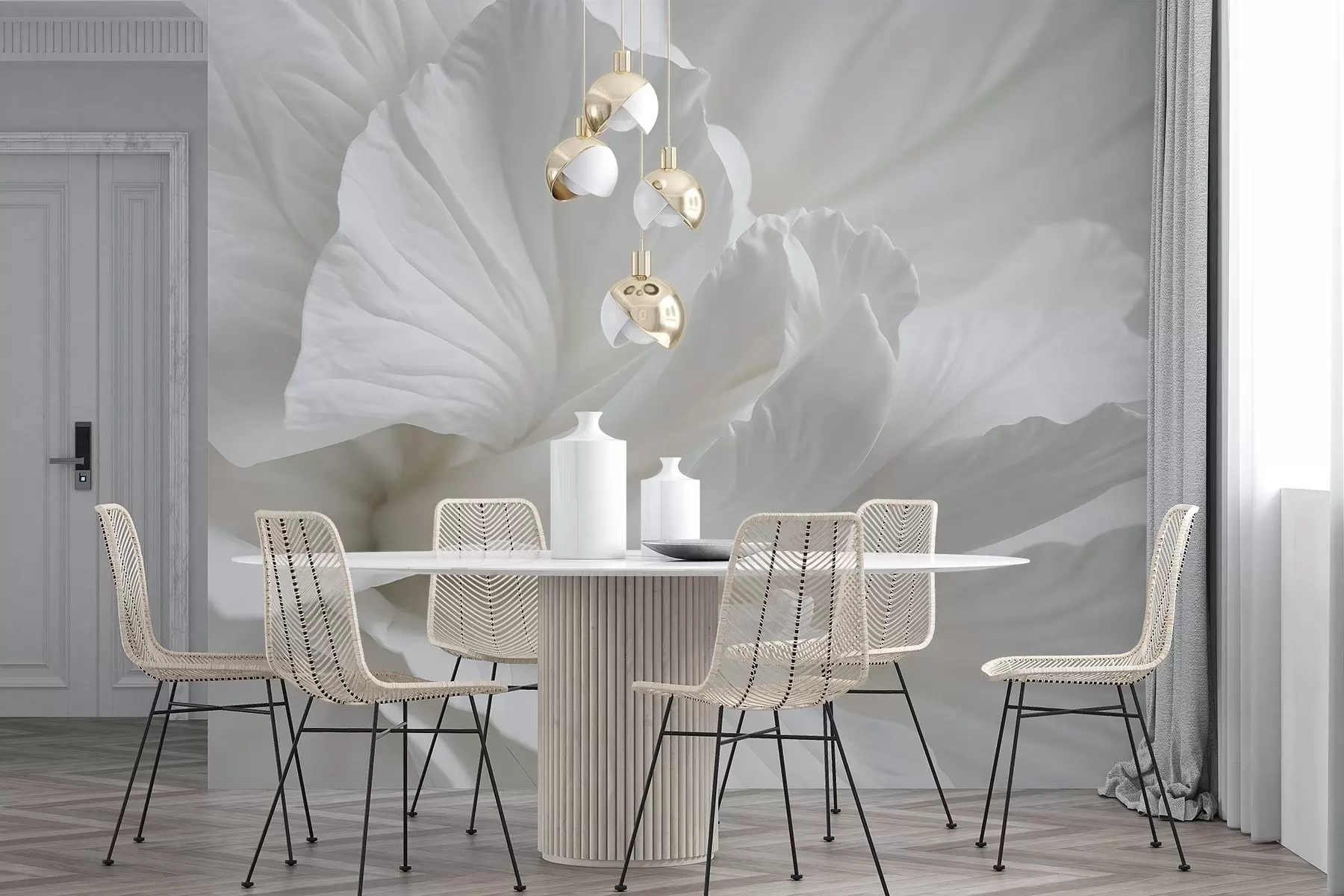 murais de parede Impressão abstrata minimalista de uma delicada flor branca com pétalas macias e aveludadas w08424