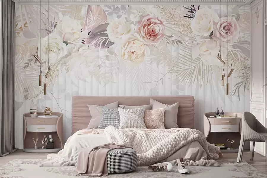 murais de parede Um arranjo floral com rosas rosa e brancas, folhas de palmeira e outras folhagens tropicais em um fundo branco w08425