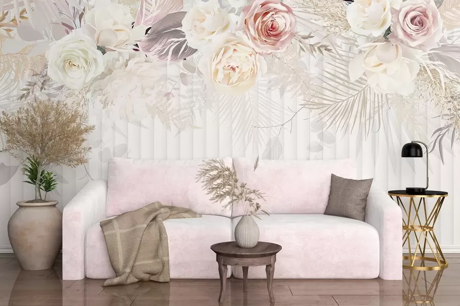 murais de parede Um arranjo floral com rosas rosa e brancas, folhas de palmeira e outras folhagens tropicais em um fundo branco w08425
