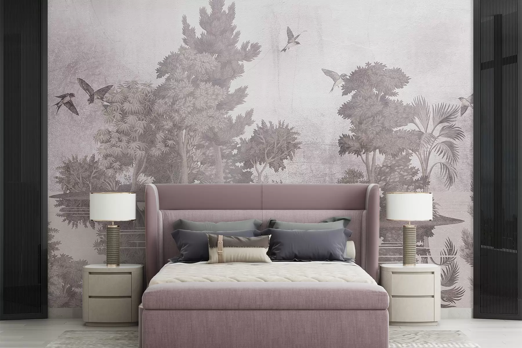 murais de parede Uma impressão de paisagem florestal com um lago cercado por pinheiros e outras folhagens em um fundo bege texturizado w08426