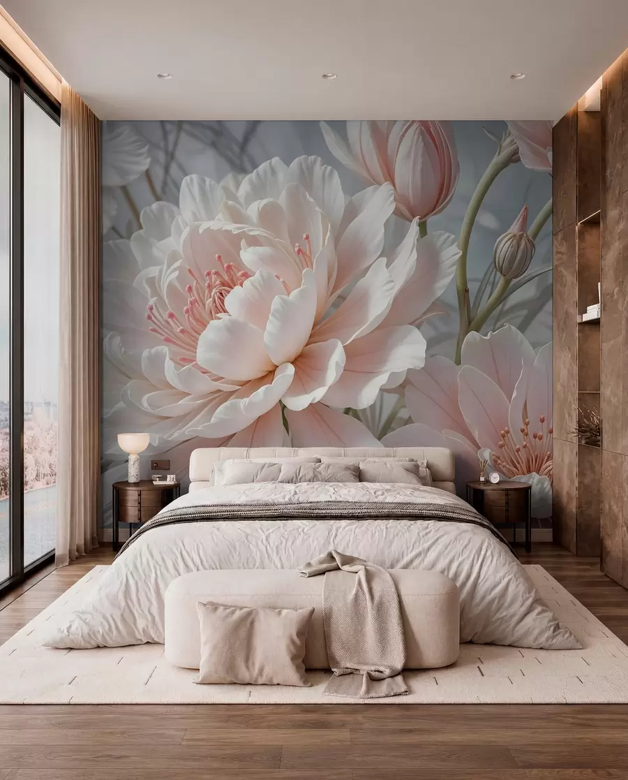 murais de parede Flores grandes e delicadas de peônia branca e rosa com pétalas macias e fofas em um fundo cinza desfocado w08427