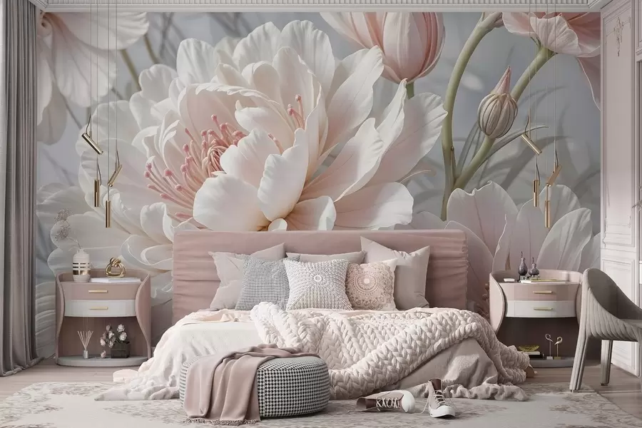 murais de parede Flores grandes e delicadas de peônia branca e rosa com pétalas macias e fofas em um fundo cinza desfocado w08427