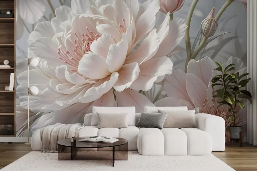 murais de parede Flores grandes e delicadas de peônia branca e rosa com pétalas macias e fofas em um fundo cinza desfocado w08427