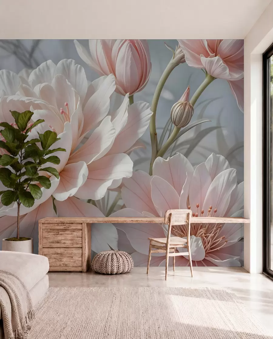 murais de parede Flores grandes e delicadas de peônia branca e rosa com pétalas macias e fofas em um fundo cinza desfocado w08427