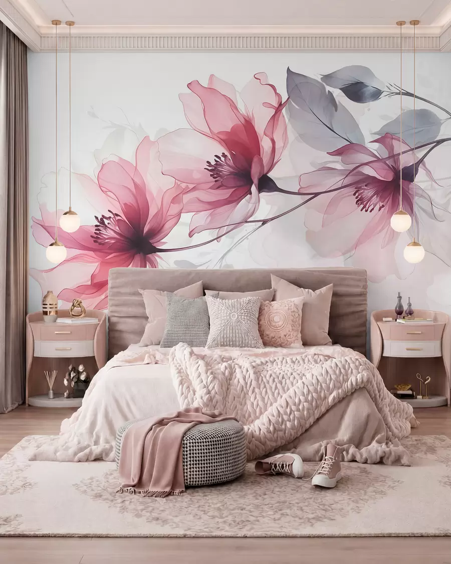 murais de parede Delicadas flores transparentes em rosa e cinza com pétalas suaves e desfocadas em um fundo branco w08429