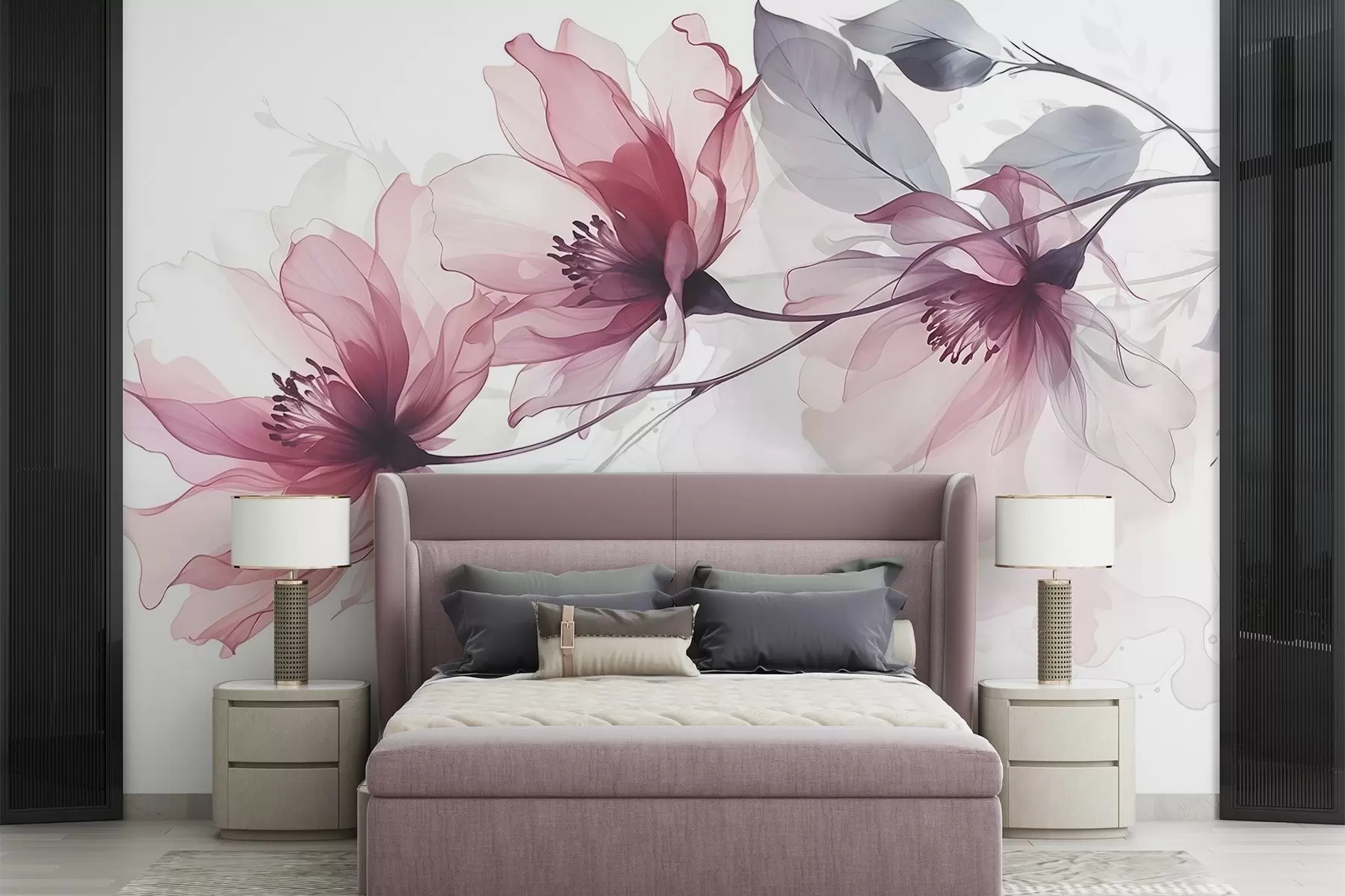 murais de parede Delicadas flores transparentes em rosa e cinza com pétalas suaves e desfocadas em um fundo branco w08429