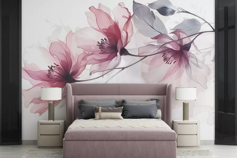 murais de parede Delicadas flores transparentes em rosa e cinza com pétalas suaves e desfocadas em um fundo branco w08429