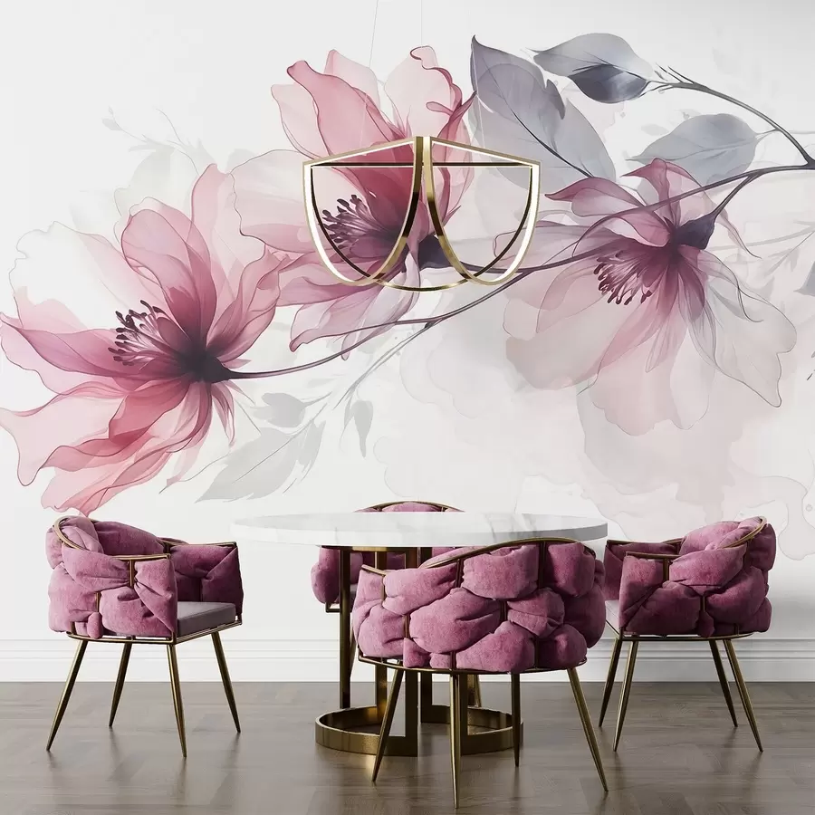 murais de parede Delicadas flores transparentes em rosa e cinza com pétalas suaves e desfocadas em um fundo branco w08429
