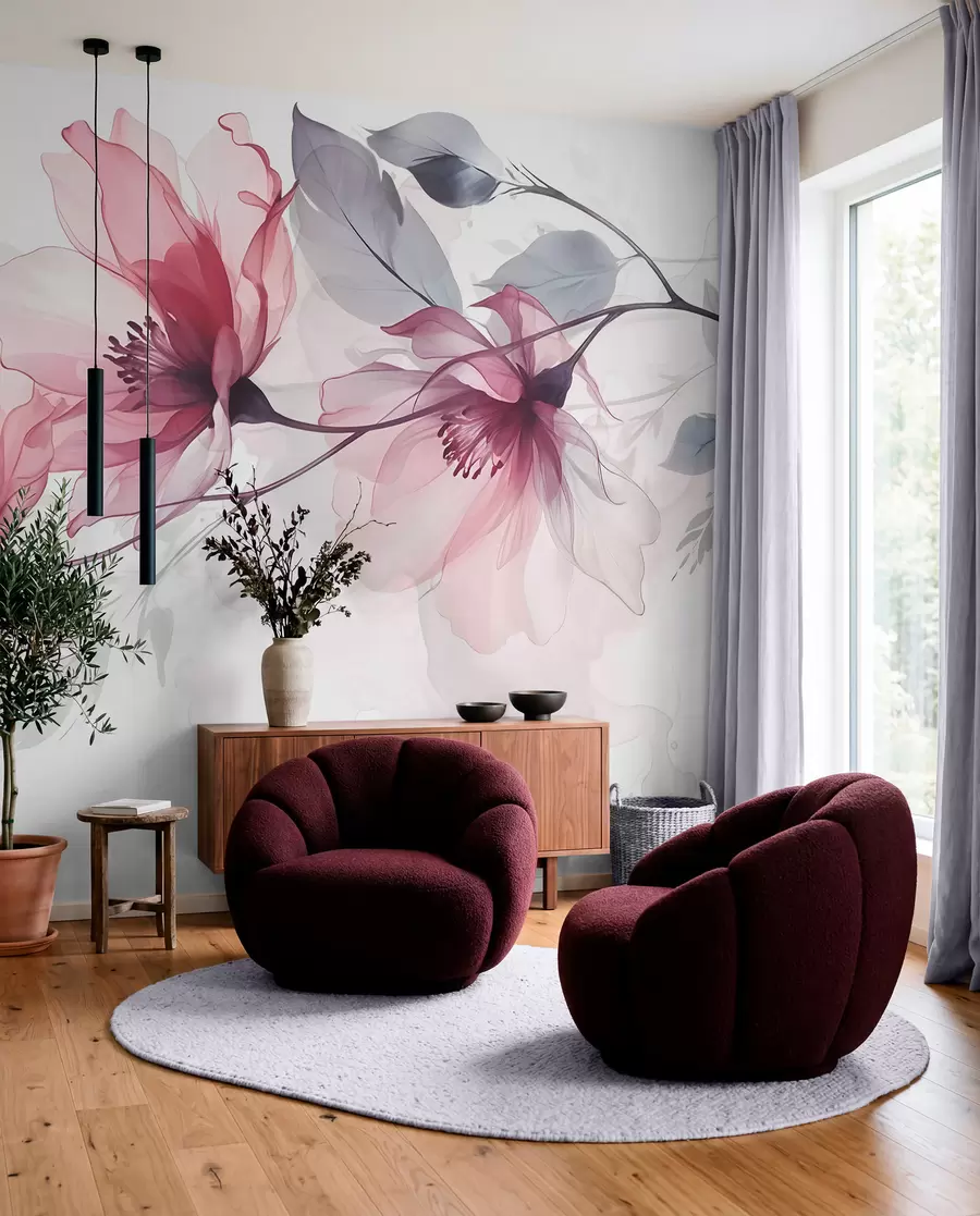 murais de parede Delicadas flores transparentes em rosa e cinza com pétalas suaves e desfocadas em um fundo branco w08429