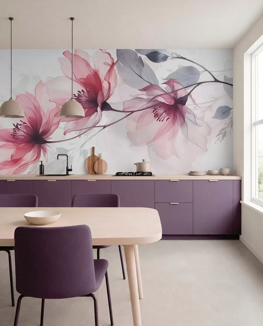 murais de parede Delicadas flores transparentes em rosa e cinza com pétalas suaves e desfocadas em um fundo branco w08429