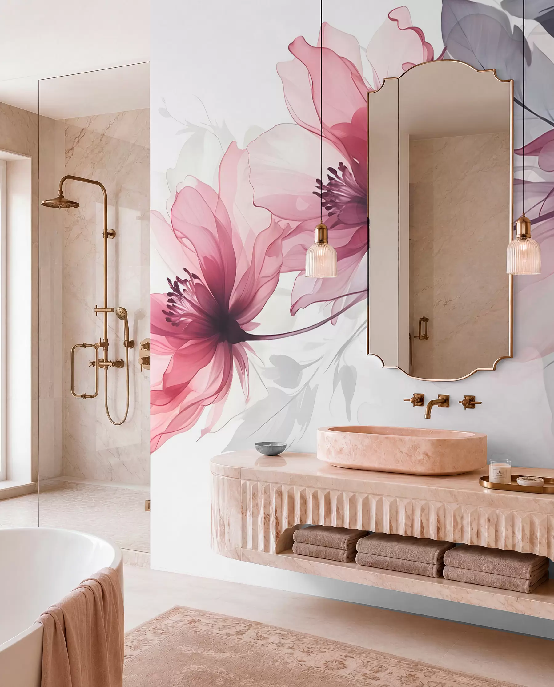 murais de parede Delicadas flores transparentes em rosa e cinza com pétalas suaves e desfocadas em um fundo branco w08429