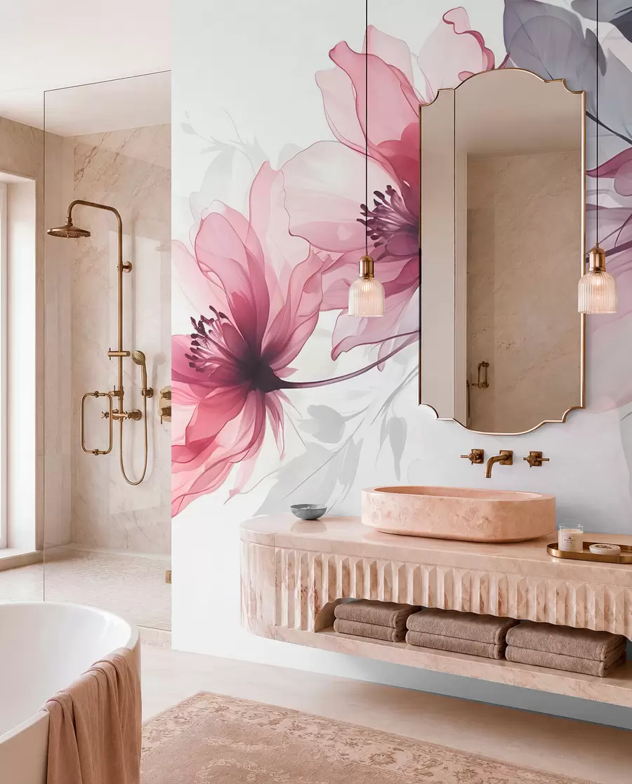 murais de parede Delicadas flores transparentes em rosa e cinza com pétalas suaves e desfocadas em um fundo branco w08429