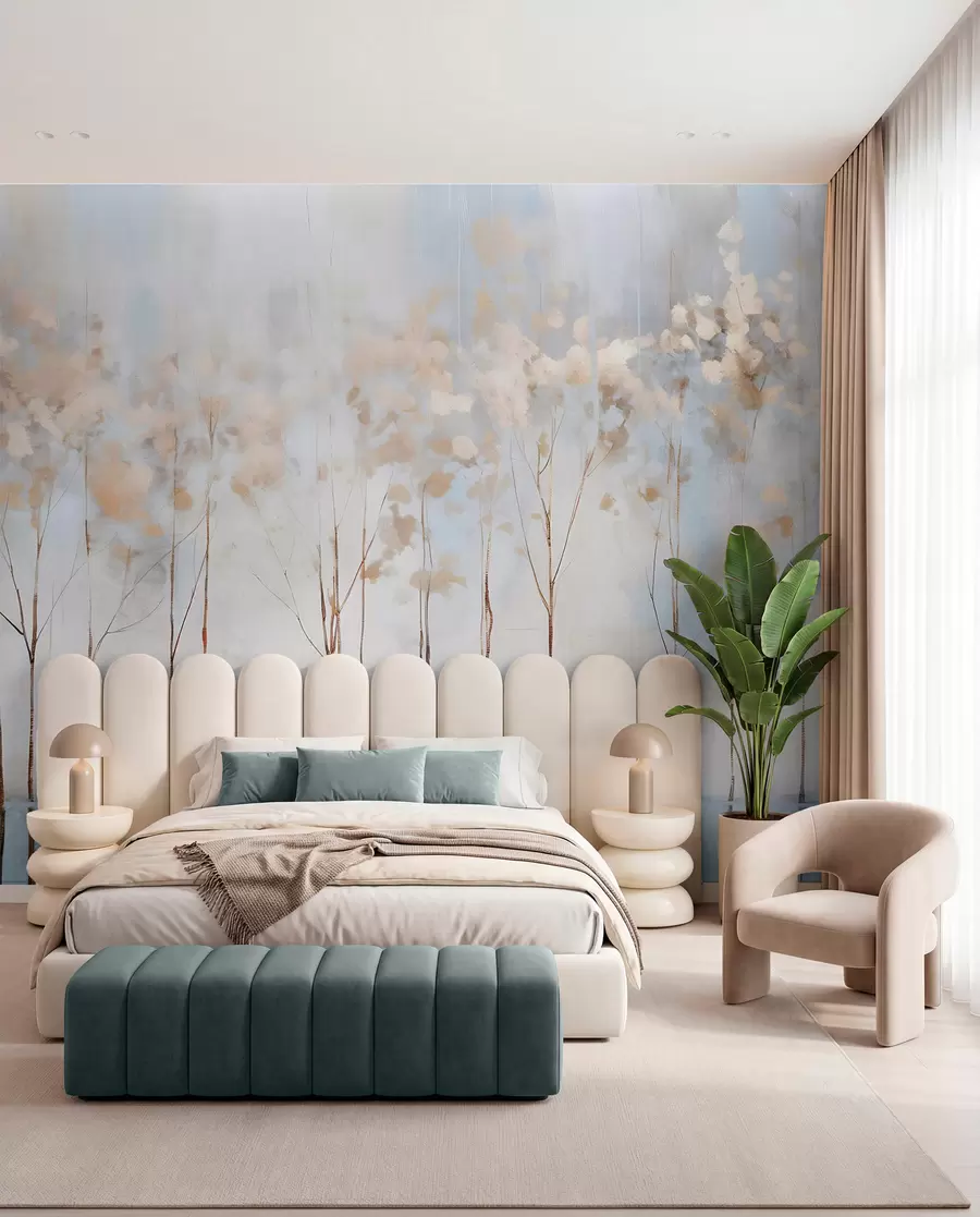 murais de parede Árvores nuas em uma paisagem minimalista de inverno em tons pastéis abstratos com um fundo suave e nebuloso w08430