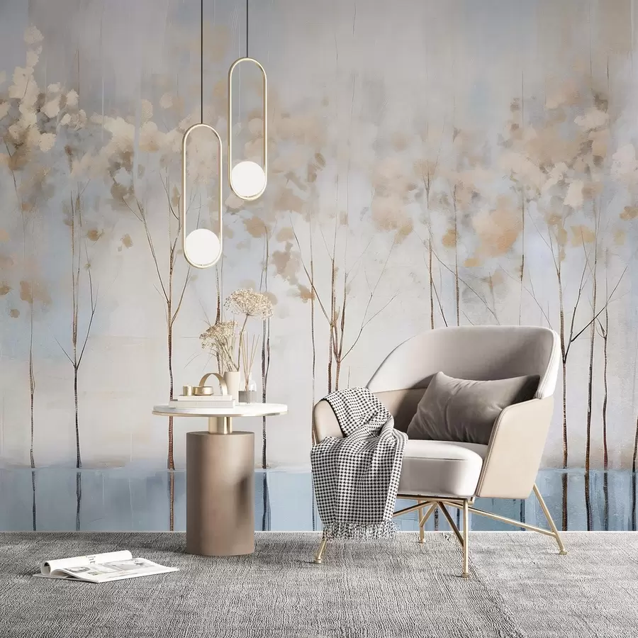 murais de parede Árvores nuas em uma paisagem minimalista de inverno em tons pastéis abstratos com um fundo suave e nebuloso w08430