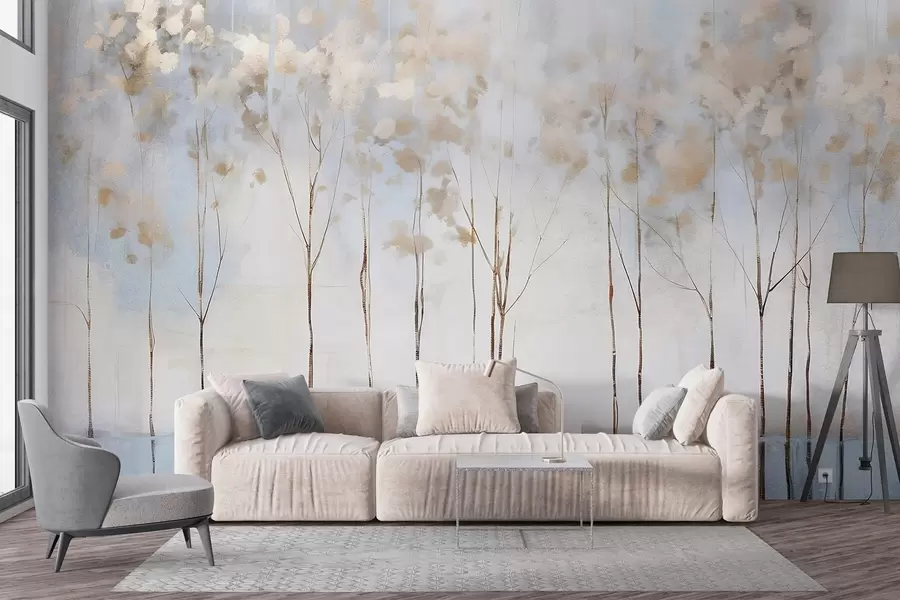 murais de parede Árvores nuas em uma paisagem minimalista de inverno em tons pastéis abstratos com um fundo suave e nebuloso w08430