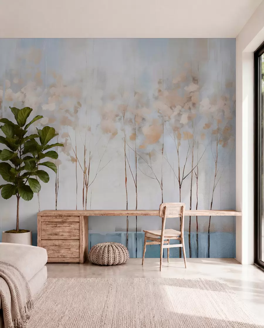 murais de parede Árvores nuas em uma paisagem minimalista de inverno em tons pastéis abstratos com um fundo suave e nebuloso w08430