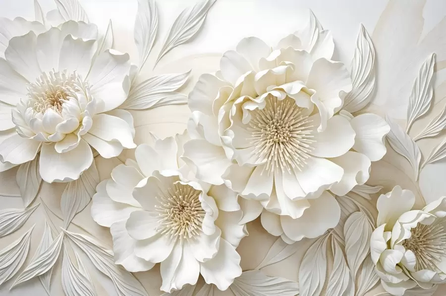 murais de parede Elegantes e volumosas flores de imitação de peônia branca com pétalas macias e centros em amarelo pastel, em um fundo claro w08431