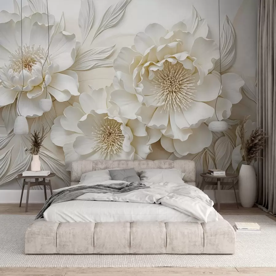 murais de parede Elegantes e volumosas flores de imitação de peônia branca com pétalas macias e centros em amarelo pastel, em um fundo claro w08431