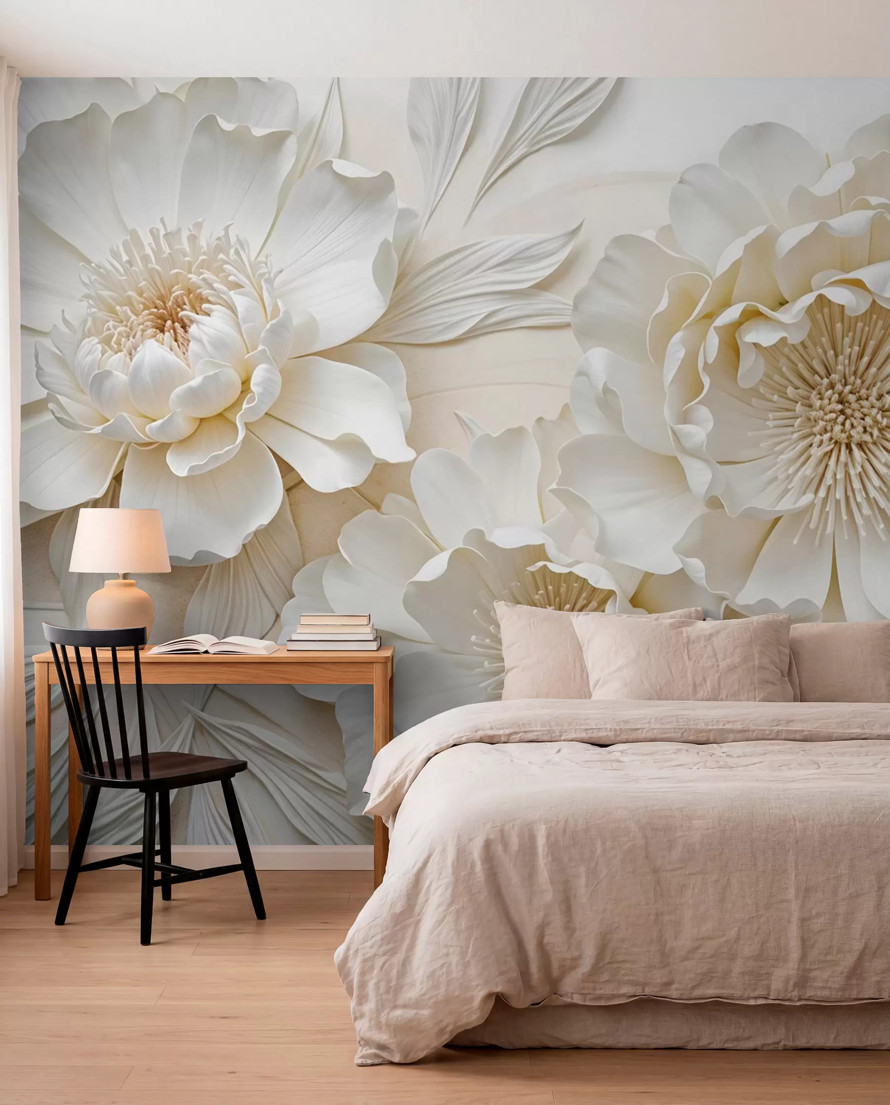 murais de parede Elegantes e volumosas flores de imitação de peônia branca com pétalas macias e centros em amarelo pastel, em um fundo claro w08431